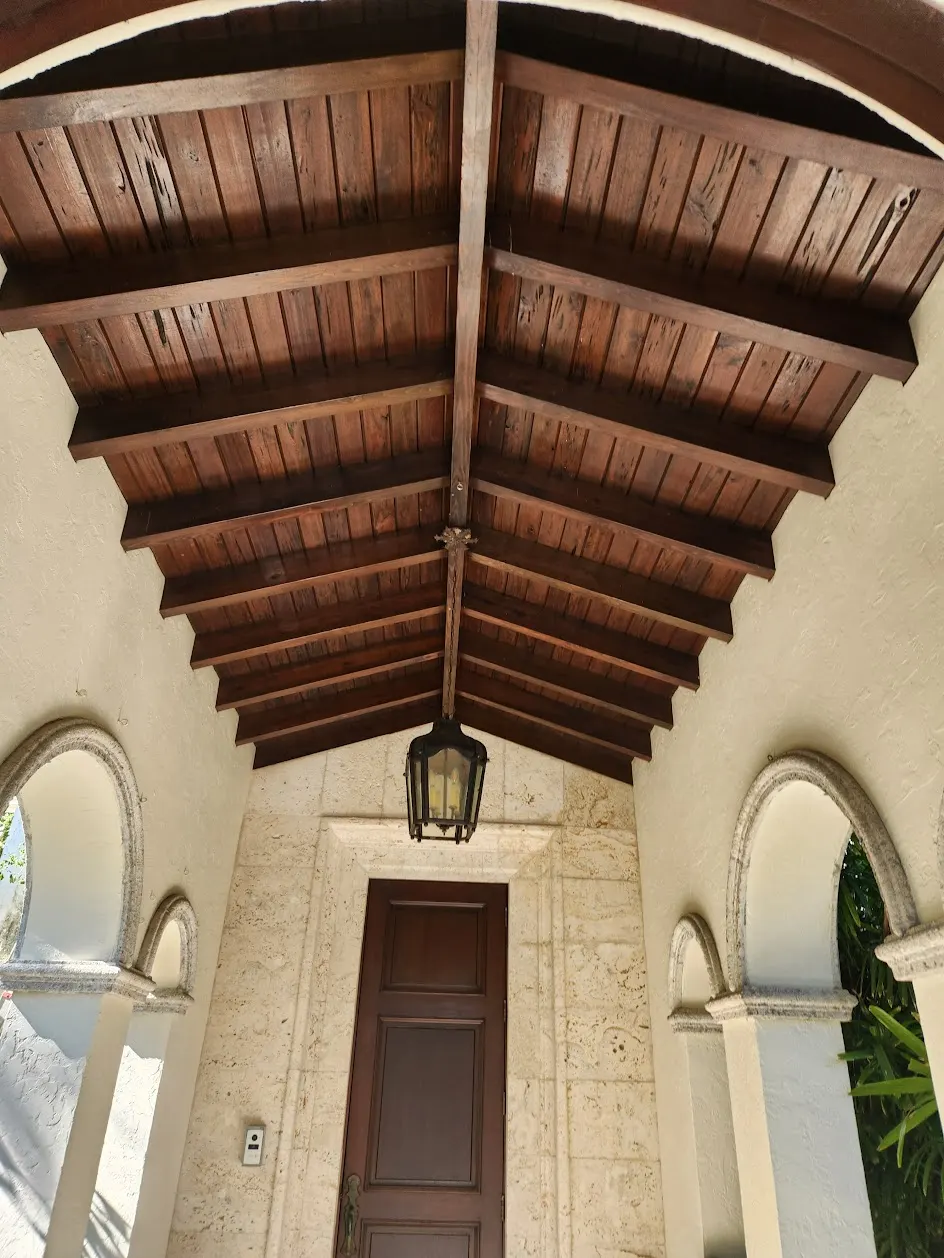Loggia wood ceiling and beams refinished in Dark Walnut