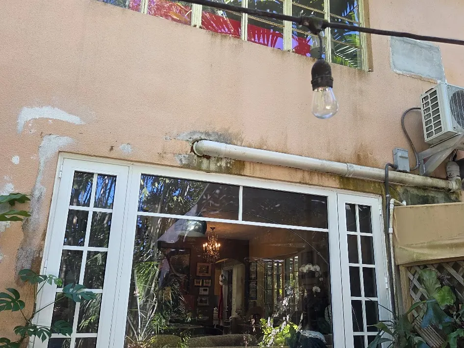 Garden elevation before work with moisture staining around the large metal window