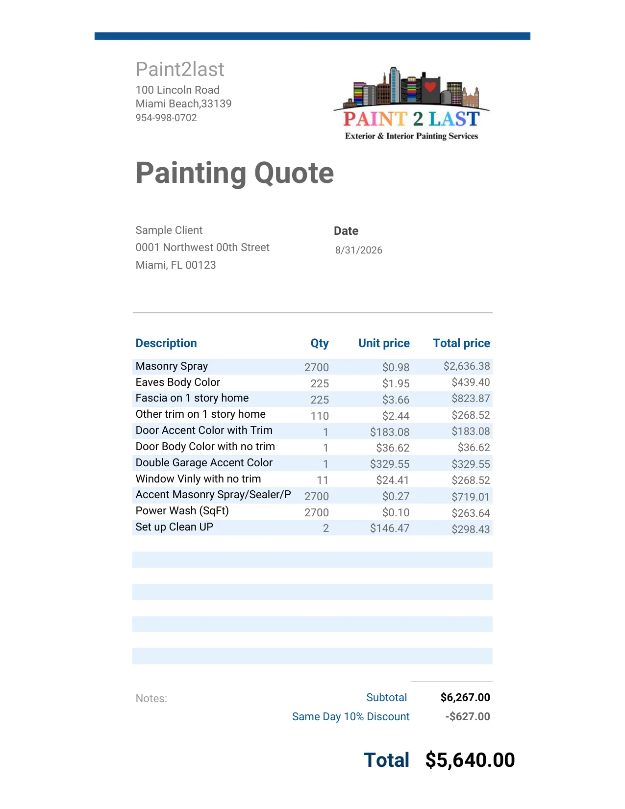 Sample exterior painting proposal, itemized by surface
