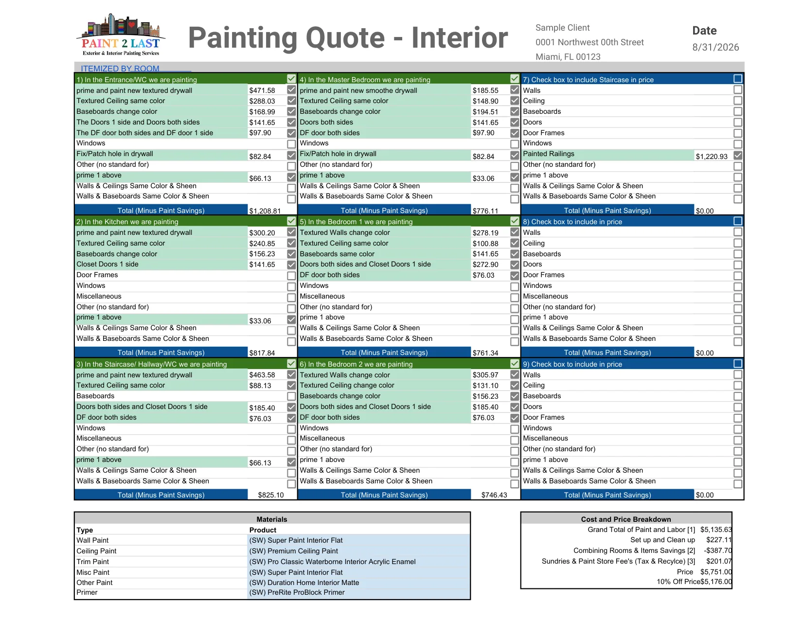 Sample interior painting proposal, itemized by room